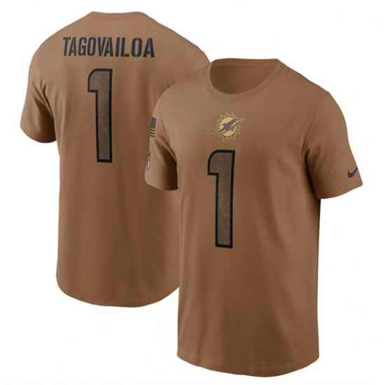 Men Miami Dolphins 1 Tua Tagovailoa 2023 Brown Salute To Service Name Number T Shirt